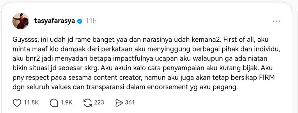 Tasya Farasya minta maaf