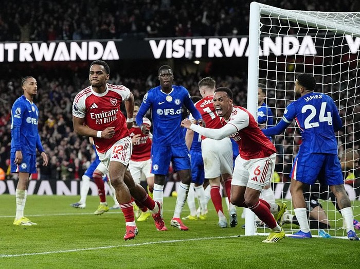 Arsenal's Jurrien Timber (centre left) celebrates after scoring his sides second goal during the Premier League match at the Emirates Stadium, London. Picture date: Sunday March 1, 2026. (Photo by Nick Potts/PA Images via Getty Images)