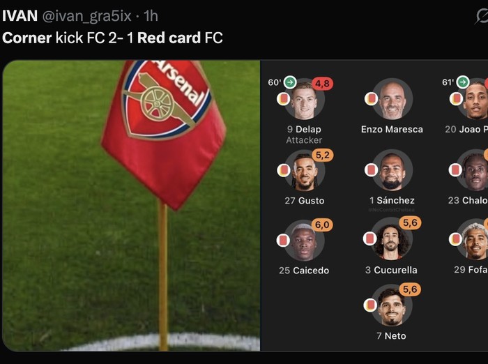 Meme Arsenal vs Chelsea diolok-olok sebagai Corner FC vs Red Card FC.