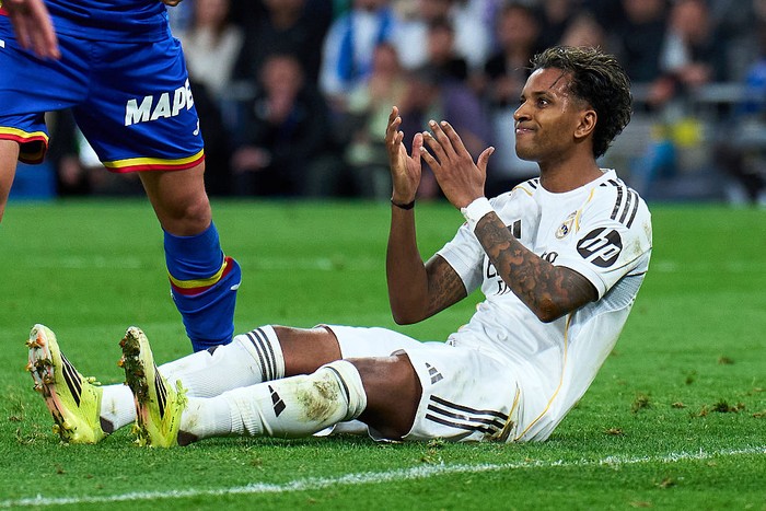 MADRID, SPAIN - MARCH 02: Rodrygo Goes of Real Madrid reacts during the LaLiga EA Sports match between Real Madrid CF and Getafe CF at Estadio Santiago Bernabeu on March 02, 2026 in Madrid, Spain. (Photo by Angel Martinez/Getty Images)