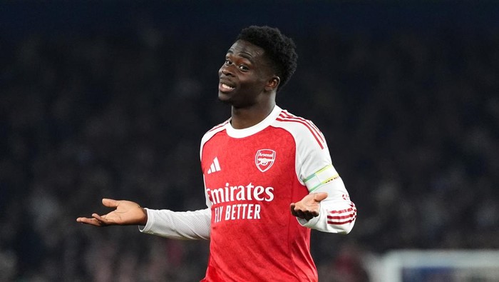 Arsenals Bukayo Saka celebrates scoring their sides first goal of the game during the Premier League match at the American Express Stadium, Brighton. Picture date: Wednesday March 4 2026. (Photo by Adam Davy/PA Images via Getty Images)