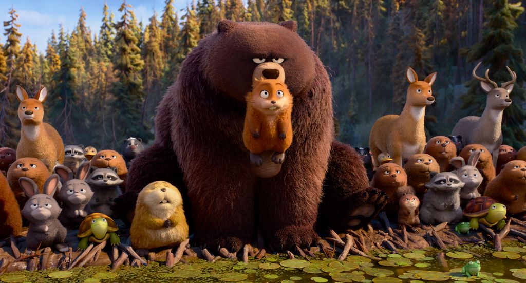 (L-R): Mabel Beaver, King George, Tom Lizard, and Loaf in Disney and Pixar’s HOPPERS. Photo courtesy of Disney/Pixar. © 2026 Disney/Pixar. All Rights Reserved.