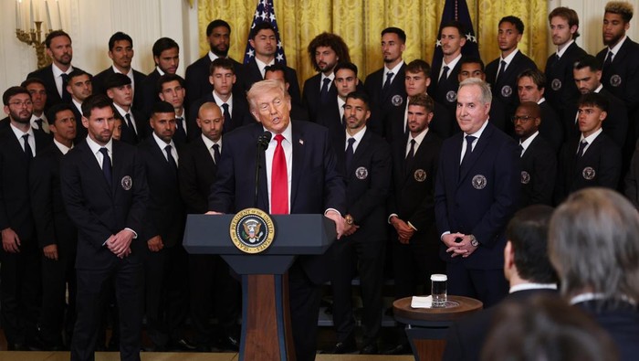 WASHINGTON, DC - MARCH 05:  U.S. President Donald Trump speaks during an event celebrating 2025 MLS Cup Champions Inter Miami CF in the East Room of the White House on March 05, 2026 in Washington, DC. Inter Miami defeated the Vancouver Whitecaps 3-1