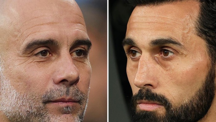 FILE PHOTO (EDITORS NOTE: COMPOSITE OF IMAGES - Image numbers 2211477853, 2263647861) In this composite image a comparison has been made between Pep Guardiola, Manager of Manchester City (L) and Alvaro Arbeloa, Head Coach of Real Madrid. Manchester C