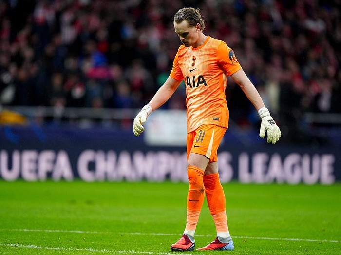 Tottenham Hotspur goalkeeper Antonin Kinsky dejected after conceding their second goal during the UEFA Champions League round of sixteen, first leg match at the Riyadh Air Metropolitano in Madrid, Spain. Picture date: Tuesday March 10, 2026. (Photo b