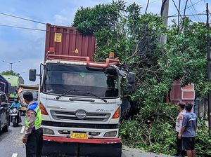 Truk Kontainer Tabrak Pohon di Jalan Jogja-Solo Bikin Macet Panjang