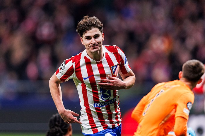 MADRID, SPAIN - MARCH 10: Julian Alvarez of Atletico de Madrid celebrates after scoring twice during the UEFA Champions League 2025/26 Round of 16 First Leg match between Atletico de Madrid and Tottenham Hotspur FC at Estadio Civitas Metropolitano on