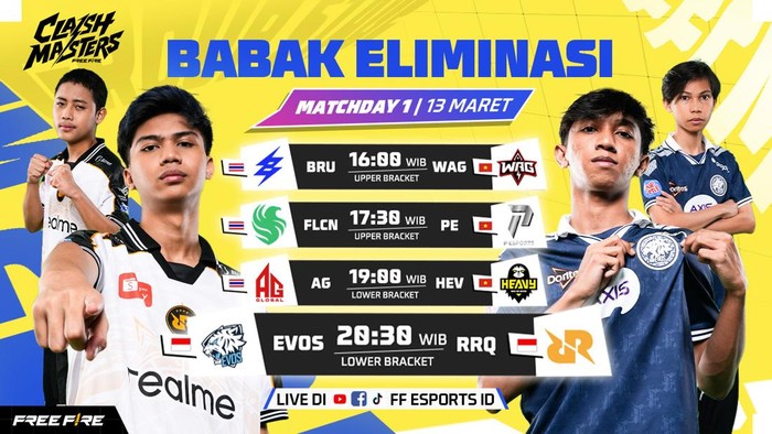 Turnamen esports Free Fire Clash Master Southeast Asia (FFCM SEA) 2026 Spring masih berlanjut. Memasuki babak eliminasi, dua wakil Indonesia, RRQ Kazu dan Evos Divine, akan saling berhadapan pada hari pertama ini.