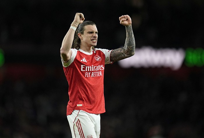 Arsenals Riccardo Calafiori celebrates at the final whistle after the Premier League match at the Emirates Stadium, London. Picture date: Saturday March 14, 2026. (Photo by Andrew Matthews/PA Images via Getty Images)
