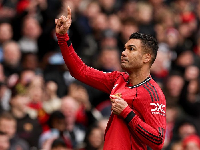 MANCHESTER, ENGLAND - MARCH 15: Manchester United's Casemiro celebrates scoring the opening goal during the Premier League match between Manchester United and Aston Villa at Old Trafford on March 15, 2026 in Manchester, United Kingdom. (Photo by Lee Parker - CameraSport via Getty Images)