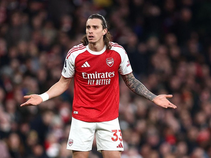 LONDON, ENGLAND - MARCH 14: Riccardo Calafiori of Arsenal reacts during the Premier League match between Arsenal and Everton at Emirates Stadium on March 14, 2026 in London, England. (Photo by Alex Pantling/Getty Images)