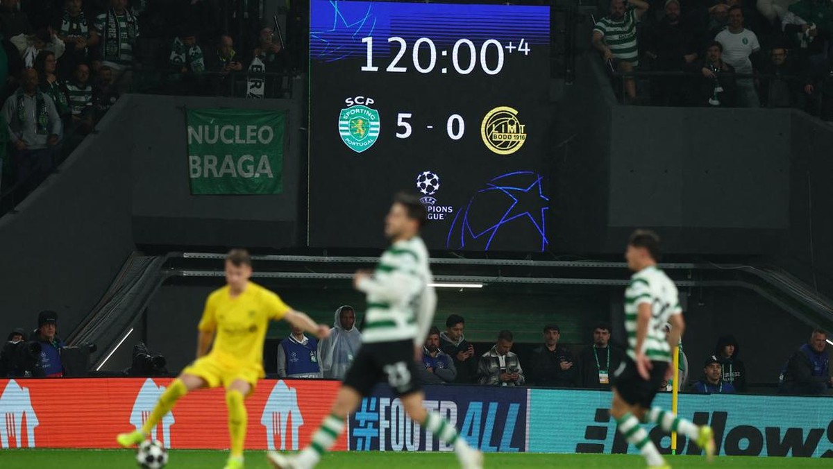 Sporting CP menang 5-0 atas Bodo/Glimt dan lolos ke perempatfinal Liga Champions usai kalah 0-3 di leg pertama. (REUTERS/Pedro Nunes)