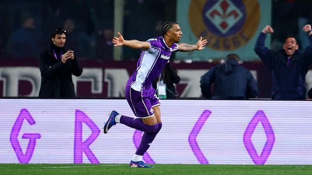 Soccer Football - Serie A - Fiorentina v Inter Milan - Stadio Artemio Franchi, Florence, Italy - March 22, 2026 Fiorentina's Cher Ndour celebrates scoring their first goal REUTERS/Guglielmo Mangiapane