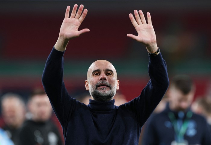 Soccer Football - Carabao Cup - Final - Arsenal v Manchester City - Wembley Stadium, London, Britain - March 22, 2026 Manchester City manager Pep Guardiola celebrates winning the Carabao Cup Action Images via Reuters/Paul Childs EDITORIAL USE ONLY. N