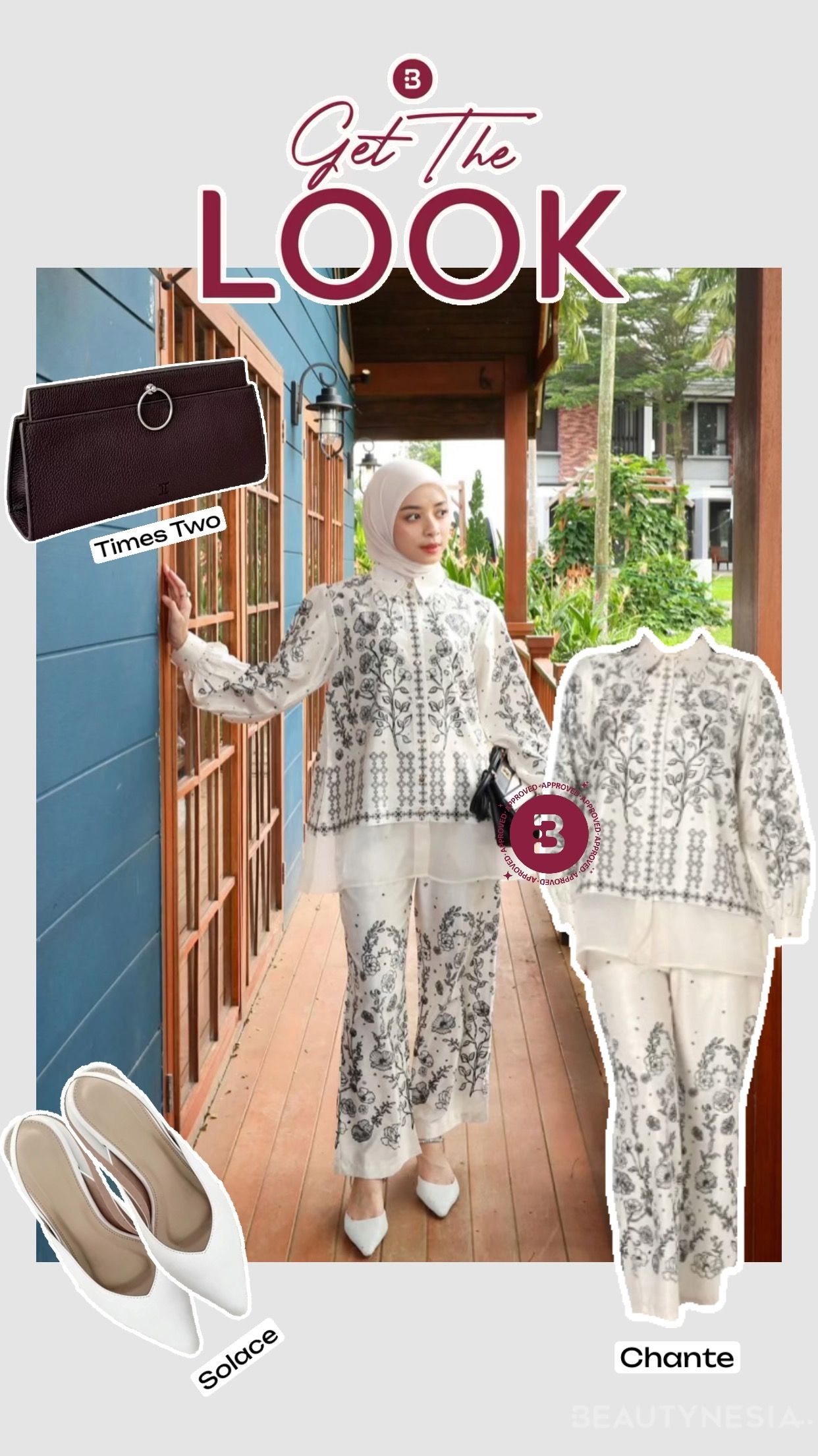 Tarisya mengenakan one set dengan motif embroidery yang lembut dan anggun. Warnanya netral, sehingga mudah kamu padukan dengan berbagai fashion item lainnya.