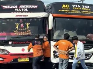 Bus Bagong Senggolan dengan Harapan Jaya di Kediri, Sopir Adu Jotos