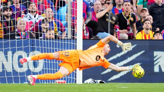 Joan Garcia goalkeeper of Barcelona and Spain makes a save during the La Liga EA Sports match between FC Barcelona and Sevilla FC at Spotify Camp Nou on March 15, 2026 in Barcelona, Spain. (Photo by Jose Breton/Pics Action/NurPhoto via Getty Images)