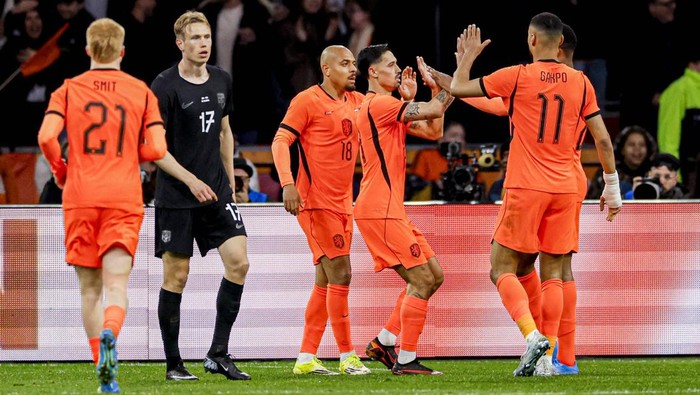 Amsterdam, Netherlands - March 27: Tijjani Reijnders of The Netherlands celebrates with teammates after scoring his teams second goal during the International Friendly match between Netherlands and Norway at Johan Cruijff Arena on March 27, 2026 in A