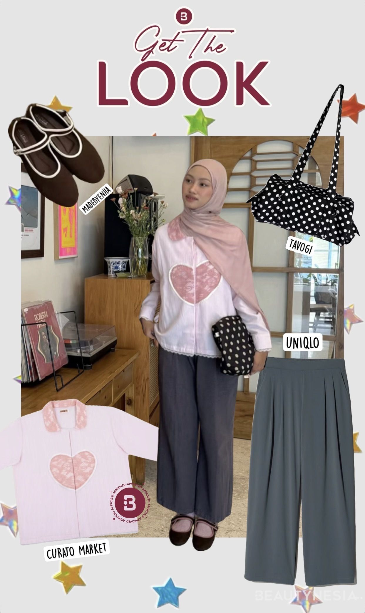 Tampil feminin dan menggemaskan dengan kemeja pink lembut yang mencuri perhatian berkat desain hati di bagian tengah dan aksen brukat.