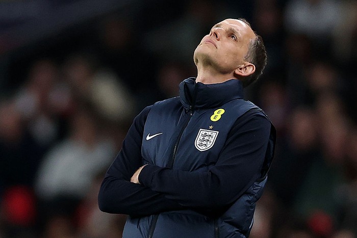 LONDON, ENGLAND - MARCH 31: Thomas Tuchel, Head Coach of England, reacts on the sidelines during the international friendly match between England and Japan at Wembley Stadium on March 31, 2026 in London, England. (Photo by Justin Setterfield/Getty Im