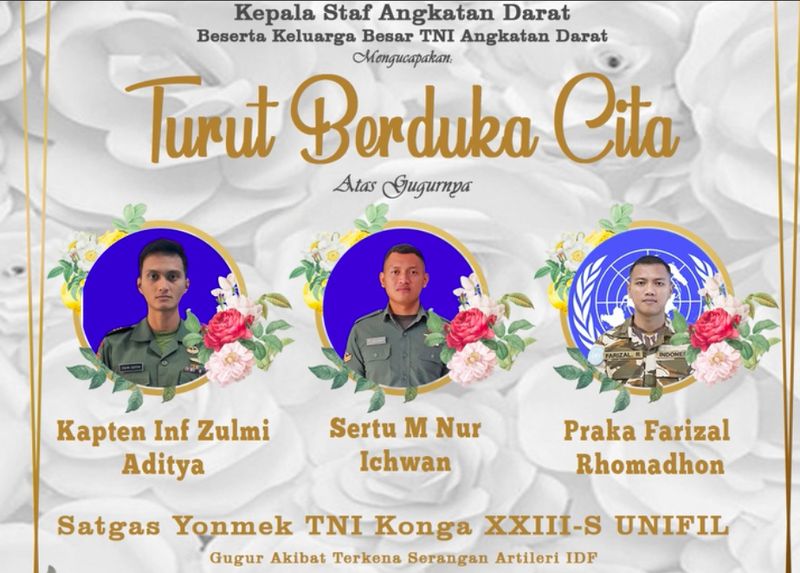 Tiga prajurit TNI gugur dalam misi Pasukan Perdamaian PBB di Lebanon (UNIFIL). Pangkat ketiga prajurit dinaikkan dan keluarganya diberikan santunan. (dok TNI AD)