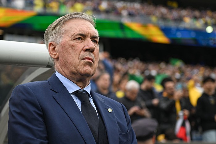 FOXBOROUGH, MASSACHUSETTS - MARCH 26: Carlo Ancelotti of Brazil stands for the national anthem before the game between France and Brazil at Gillette Stadium on March 26, 2026 in Foxborough, Massachusetts. (Photo by Stephen Nadler/ISI Photos/ISI Photo