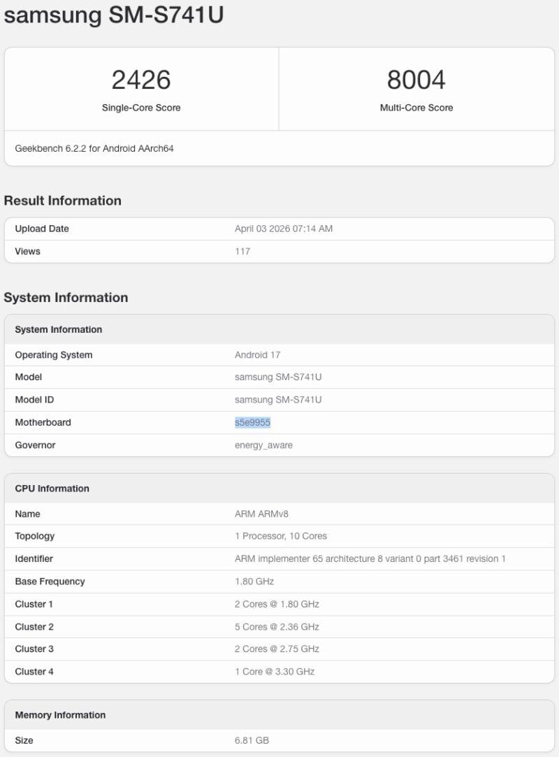 Samsung Galaxy S26 FE di database Geekbench