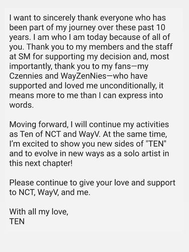 Pernyataan Ten keluar SM Entertainment. (Tangkapan layar Instagram @tenlee_1001)