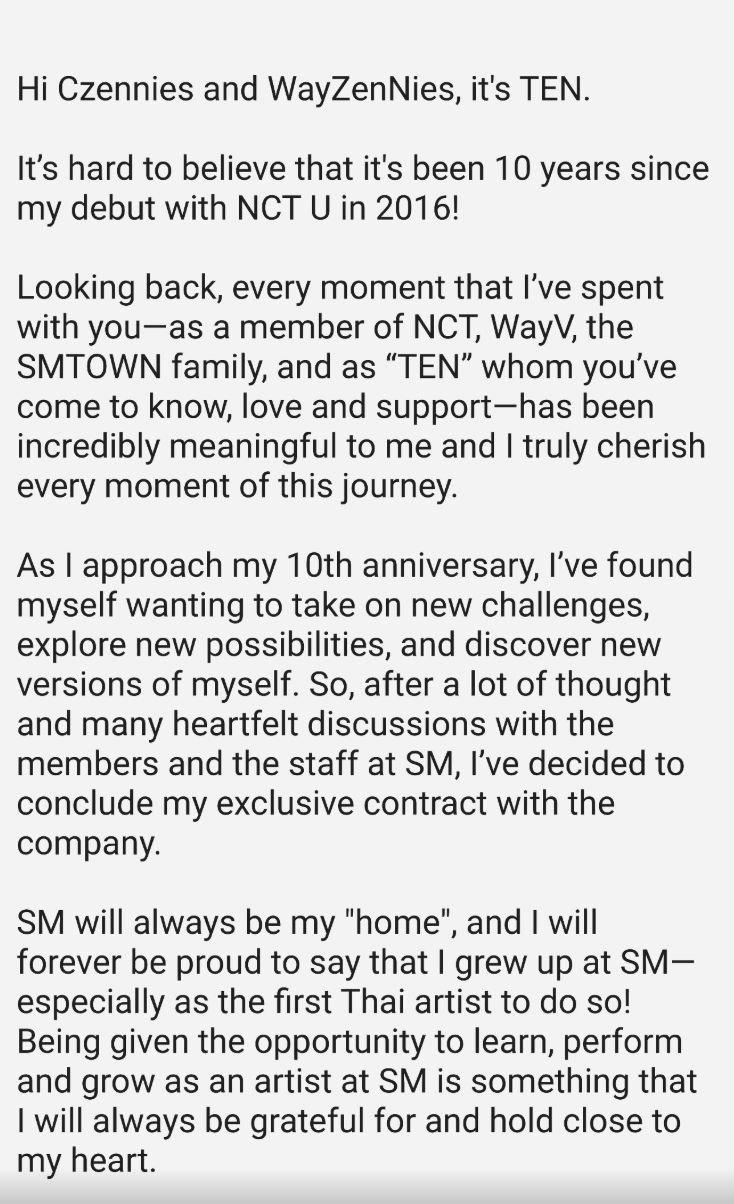 Pernyataan Ten keluar SM Entertainment. (Tangkapan layar Instagram @tenlee_1001)