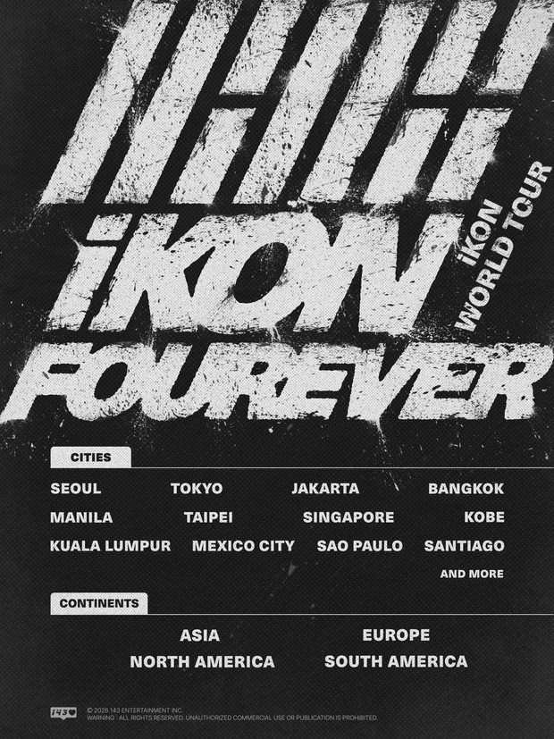 Poster world tour iKON/ Foto: instagram.com/withikonic iKON mengumumkan sejumlah kota besar di dunia yang akan dikunjungi dalam rangkaian tur.