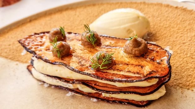 Mille feuille dessert made with eggplant and vanilla ice cream