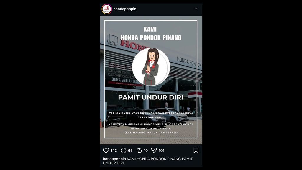 Honda di kawasan Pondok Pinang, Kebayoran Lama, Jakarta Selatan, resmi menghentikan operasionalnya. (Instagram/hondaponpin)