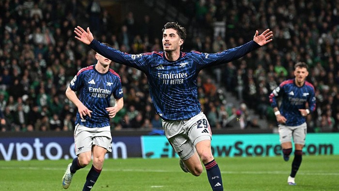Arsenals Kai Havertz celebrates scoring their sides first goal of the game during the UEFA Champions League quarter final, first leg match at the Jose Alvalade Stadium, Lisbon. Picture date: Tuesday April 7, 2026. (Photo by Zed Jameson/PA Images vi