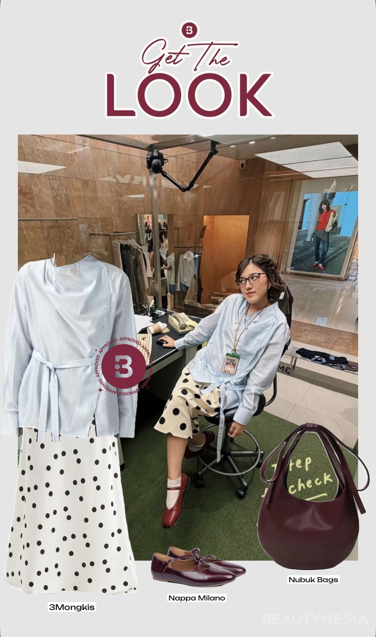 Ify tampil profesional dengan sentuhan menggemaskan melalui perpaduan kemeja bersiluet rapi yang chic dengan rok motif polkadot yang playful.