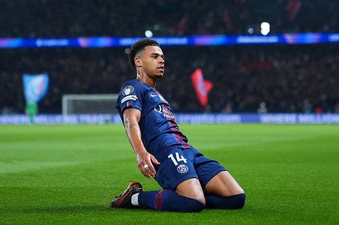 PARIS, FRANCE - APRIL 08: Desire Doue of Paris Saint-Germain celebrates scoring his teams first goal during the UEFA Champions League 2025/26 Quarter-Final First Leg match between Paris Saint-Germain FC and Liverpool FC at Parc des Princes on April 