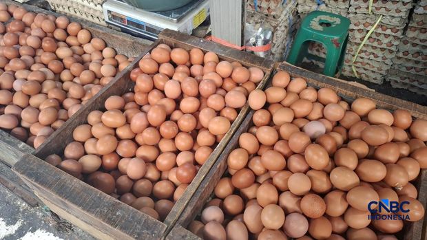 Harga beberapa sembako di Pasar Minggu, Jakarta Selatan terpantau condong normal pada Senin (13/4/2026). (CNBC Indonesia/Chandra Dwi Pranata )
