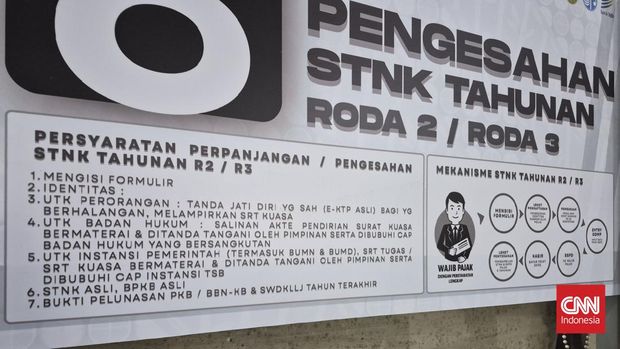 Petunjuk tata cara pengesaan STNK tahunan kendaraan bermotor yang terpasang di  Samsat Kota Bekasi, Kamis (9/4). (CNNIndonesia/Faiz)