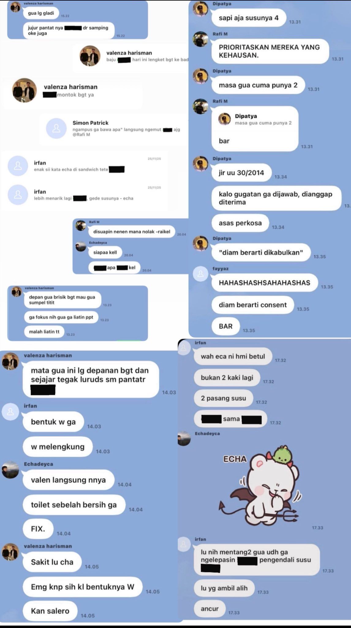 Tangkapan layar obrolan 16 mahasiswa yang diunggah oleh akun @sampahfhui.