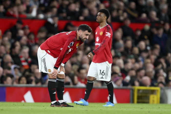 MANCHESTER, ENGLAND - APRIL 13: Bruno Fernandes of Manchester United looks dejected during the Premier League match between Manchester United and Leeds United at Old Trafford on April 13, 2026 in Manchester, England. (Photo by Richard Sellers/Sportsp