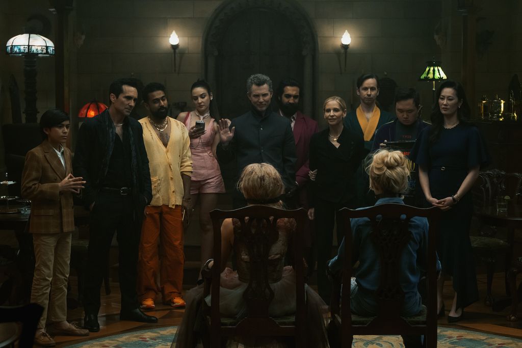 From L to R: Juan Pablo Romero, Nestor Carbonell, Varun Saranga, Maša Lizdek, Shawn Hatosy, Samara Weaving, Nadeem Umar-Khitab, Sarah Michelle Gellar, Daniel Beirne, Kathryn Newton, Antony Hall, and Olivia Cheng in READY OR NOT 2: HERE I COME. Photo by Searchlight Pictures/Pief Weyman, Courtesy of Searchlight Pictures. © 2026 Searchlight Pictures. All Rights Reserved.