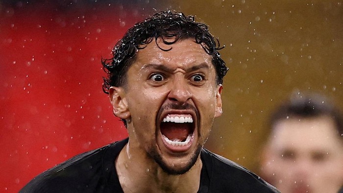 Soccer Football - UEFA Champions League - Quarter Final - Second Leg - Liverpool v Paris St Germain - Anfield, Liverpool, Britain - April 14, 2026 Paris St Germains Marquinhos reacts Action Images via Reuters/Lee Smith     TPX IMAGES OF THE DAY