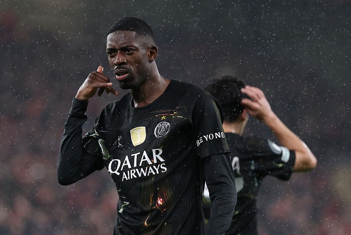LIVERPOOL, ENGLAND - APRIL 14: Ousmane Dembele of Paris Saint-Germain celebrates scoring his teams first goal during the UEFA Champions League 2025/26 Quarter-Final Second Leg match between Liverpool FC and Paris Saint-Germain FC at Anfield on April