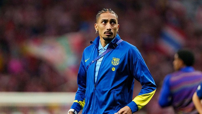 MADRID, SPAIN - APRIL 14: Raphinha Dias of FC Barcelona walks in the field following the UEFA Champions League 2025/26 Quarter-Final Second Leg match between Club Atletico de Madrid and FC Barcelona at Estadio Metropolitano on April 14, 2026 in Madri