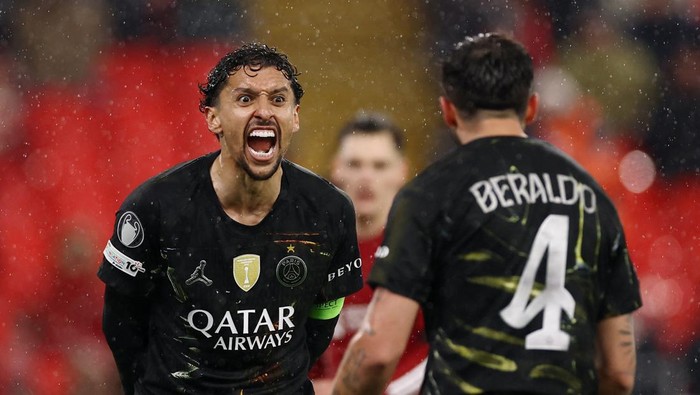 Soccer Football - UEFA Champions League - Quarter Final - Second Leg - Liverpool v Paris St Germain - Anfield, Liverpool, Britain - April 14, 2026 Paris St Germains Marquinhos reacts Action Images via Reuters/Lee Smith
