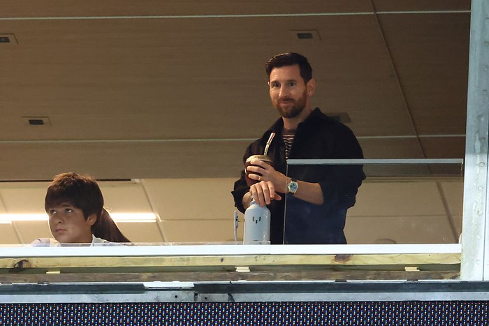 MIAMI GARDENS, FL - OCTOBER 10: Lionel Messi watches from the box seats during the match between Argentina and Venezuela on Friday, October 10, 2025 at Hard Rock Stadium in Miami Gardens, FL (Photo by Peter Joneleit/Icon Sportswire via Getty Images)