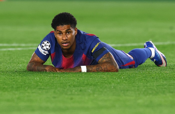 Soccer Football - UEFA Champions League - Quarter Final - First Leg - FC Barcelona v Atletico Madrid - Spotify Camp Nou, Barcelona, Spain - April 8, 2026 FC Barcelona's Marcus Rashford reacts REUTERS/Albert Gea