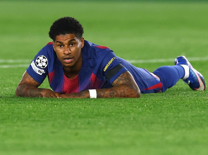 Soccer Football - UEFA Champions League - Quarter Final - First Leg - FC Barcelona v Atletico Madrid - Spotify Camp Nou, Barcelona, Spain - April 8, 2026 FC Barcelona's Marcus Rashford reacts REUTERS/Albert Gea