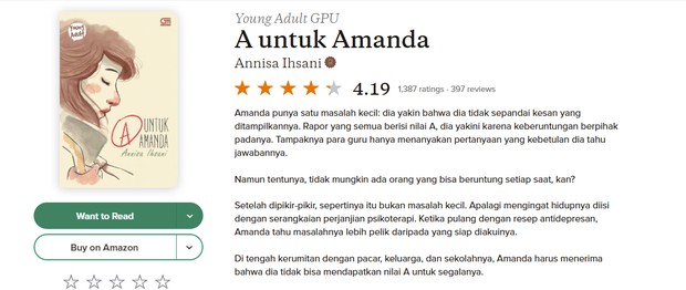 A untuk Amanda, rekomendasi novel kesehatan mental/Foto: Dok. Goodreads Dari penulis lokal, rekomendasi novel kesehatan mental ini menghadirkan kisah yang sangat dekat dengan realitas perempuan Indonesia.