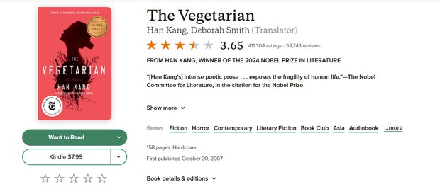 The Vegetarian, rekomendasi novel kesehatan mental/Foto: Dok. Goodreads The Vegetarian menghadirkan kisah unik tentang perempuan yang memilih berhenti makan daging sebagai bentuk perlawanan terhadap dunia di sekitarnya.