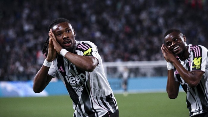 Juventus midfielder Khephren Thuram celebrates after scoring a goal to make it 2-0 during the Serie A football match between Juventus and Bologna at the Allianz Stadium in Turin, Piedmont, Italy, on April 19, 2026. (Photo by Matteo Bottanelli/NurPhot